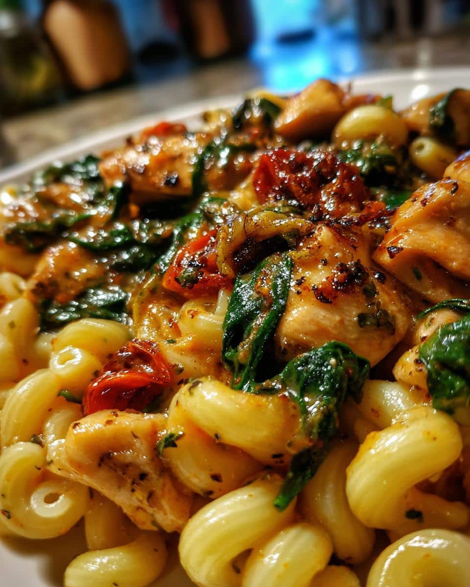 A close-up of a 30 minute chicken pasta dinner featuring cavatappi pasta, chicken pieces, spinach, and sun-dried tomatoes in a creamy sauce.