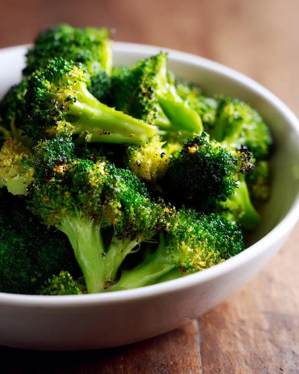 A white bowl filled with perfectly crispy air fryer broccoli florets, seasoned and slightly charred.