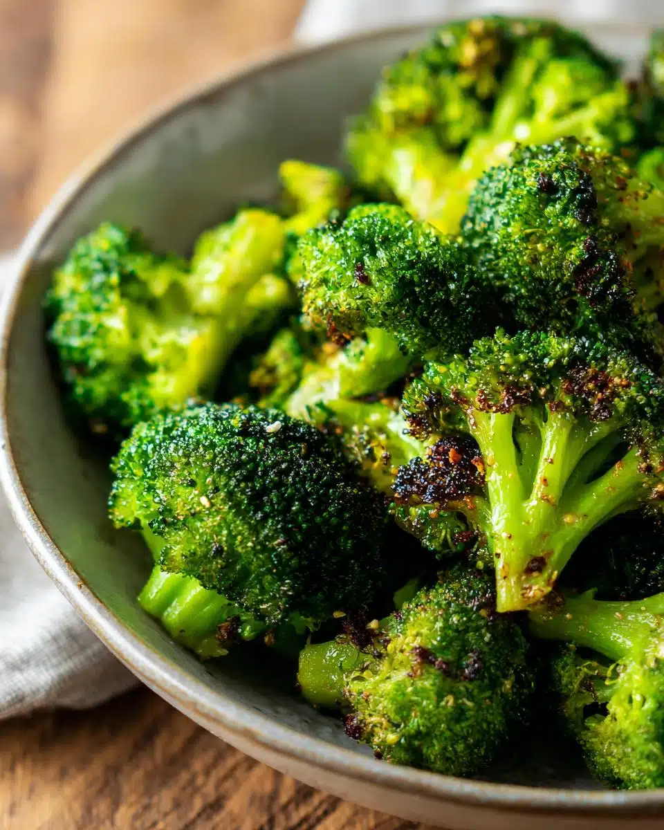Close-up of perfectly crispy air fryer broccoli florets in a bowl, seasoned with spices.