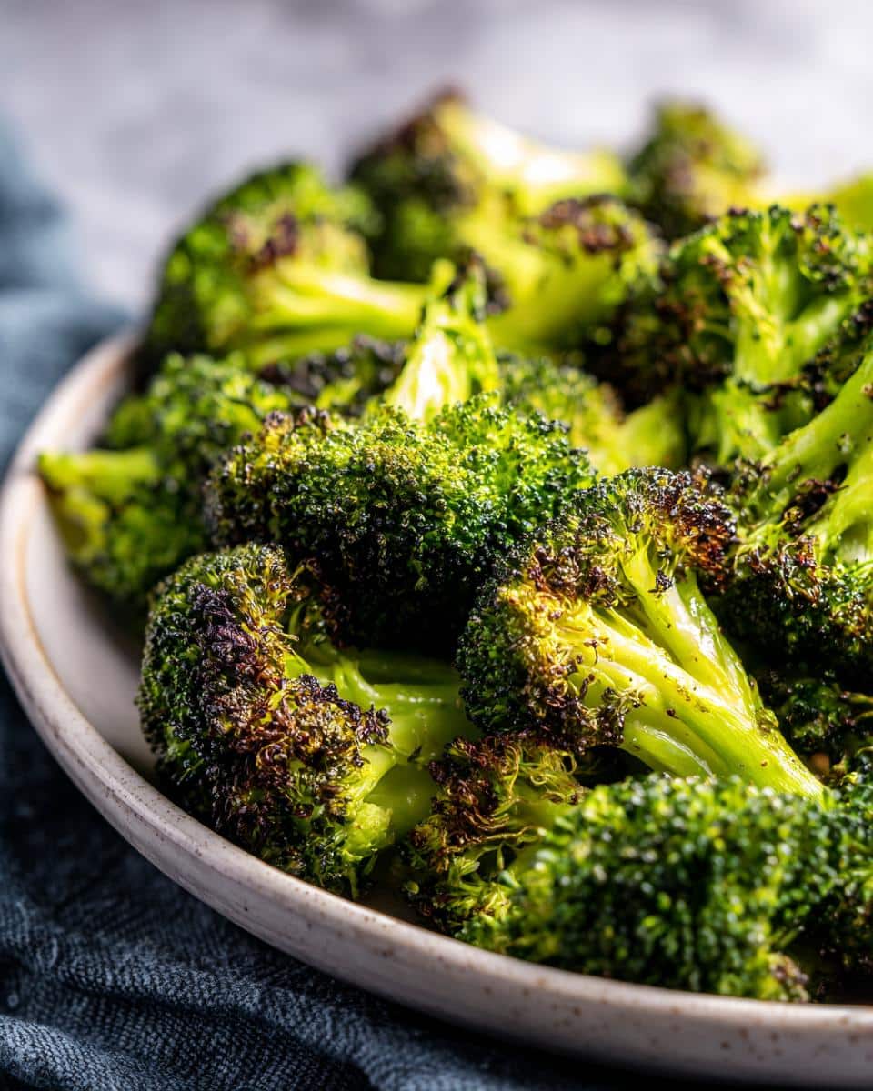 Close-up of perfectly crispy air fryer broccoli florets with slightly charred edges, served on a plate.