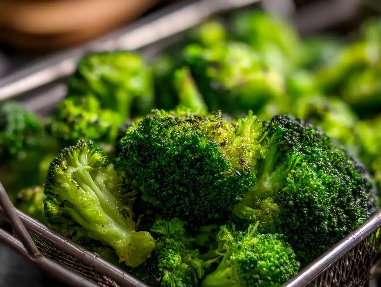 Close-up of perfectly crispy air fryer broccoli florets in a metal basket, showing vibrant green color and slight charring.