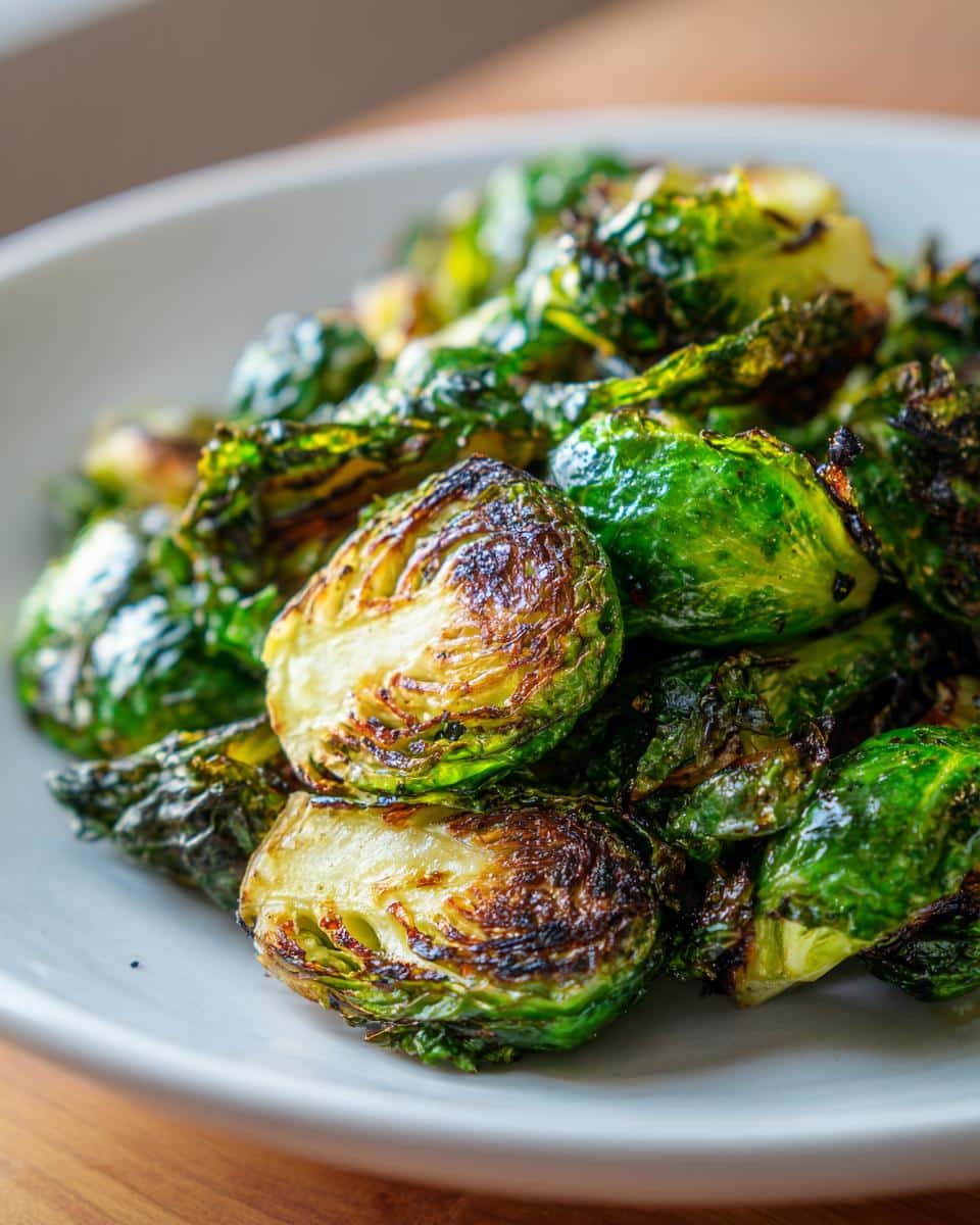 Close-up of perfectly roasted air fryer brussels sprouts with crispy edges in a white bowl.