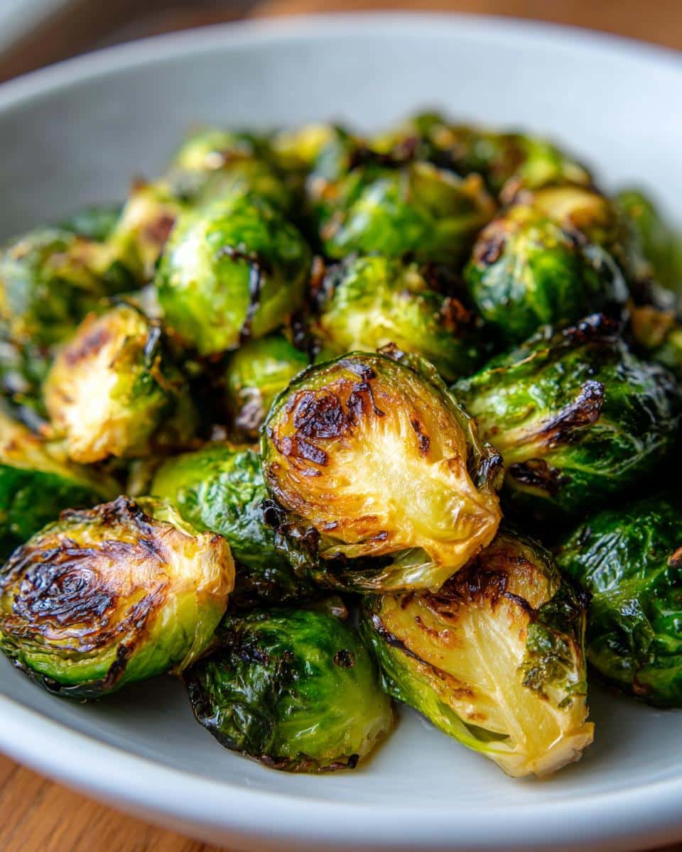 Close-up of perfectly cooked air fryer brussels sprouts, showing crispy, browned edges and vibrant green leaves.