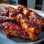 Close-up of glossy, caramelized air fryer chicken wings coated in BBQ sauce, ready to be served.