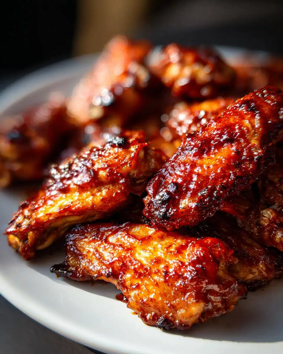 Close-up of glossy, caramelized air fryer chicken wings coated in BBQ sauce on a white plate.