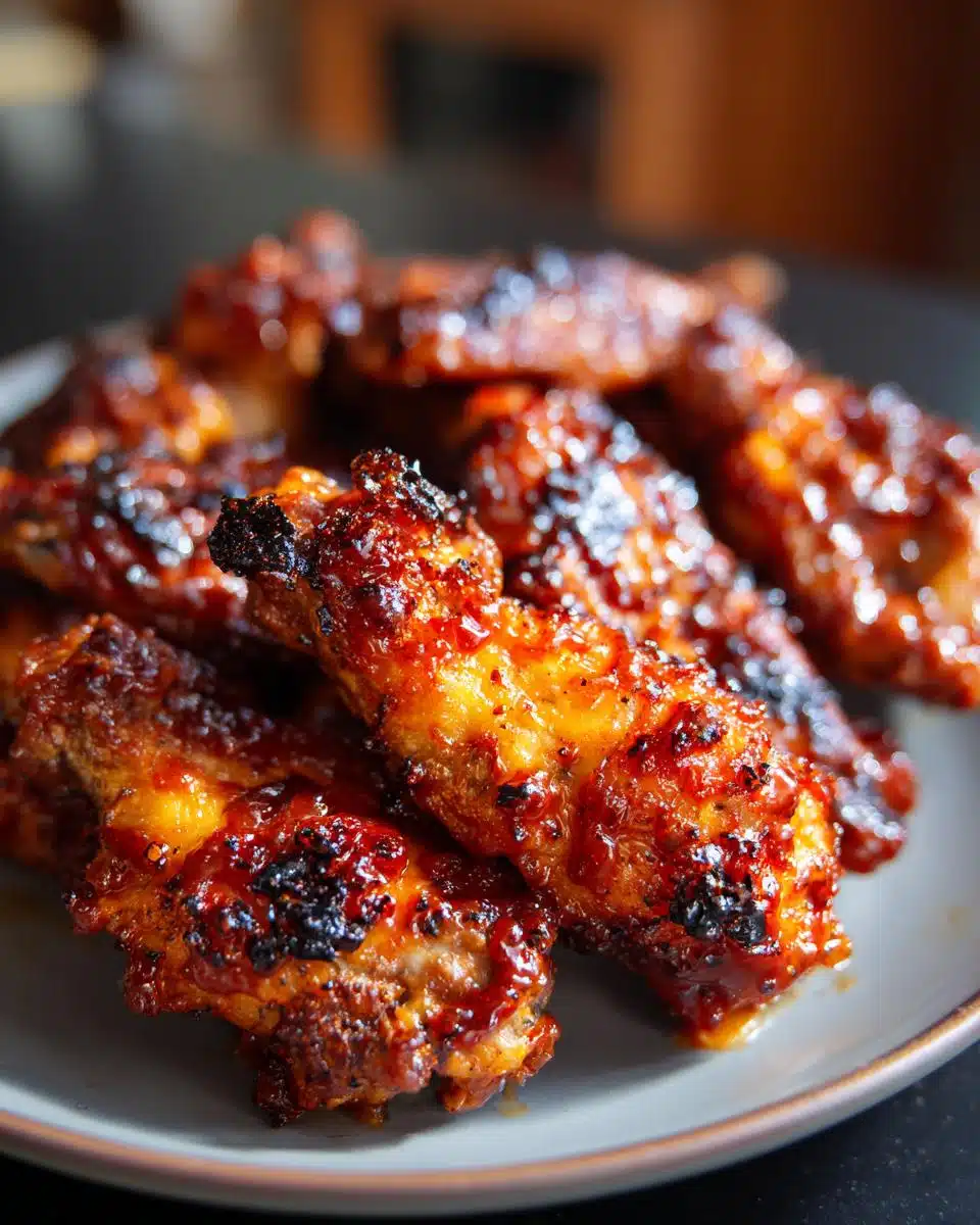 Close-up of a plate of crispy, glossy air fryer chicken wings bbq recipe, coated in a rich, dark sauce.