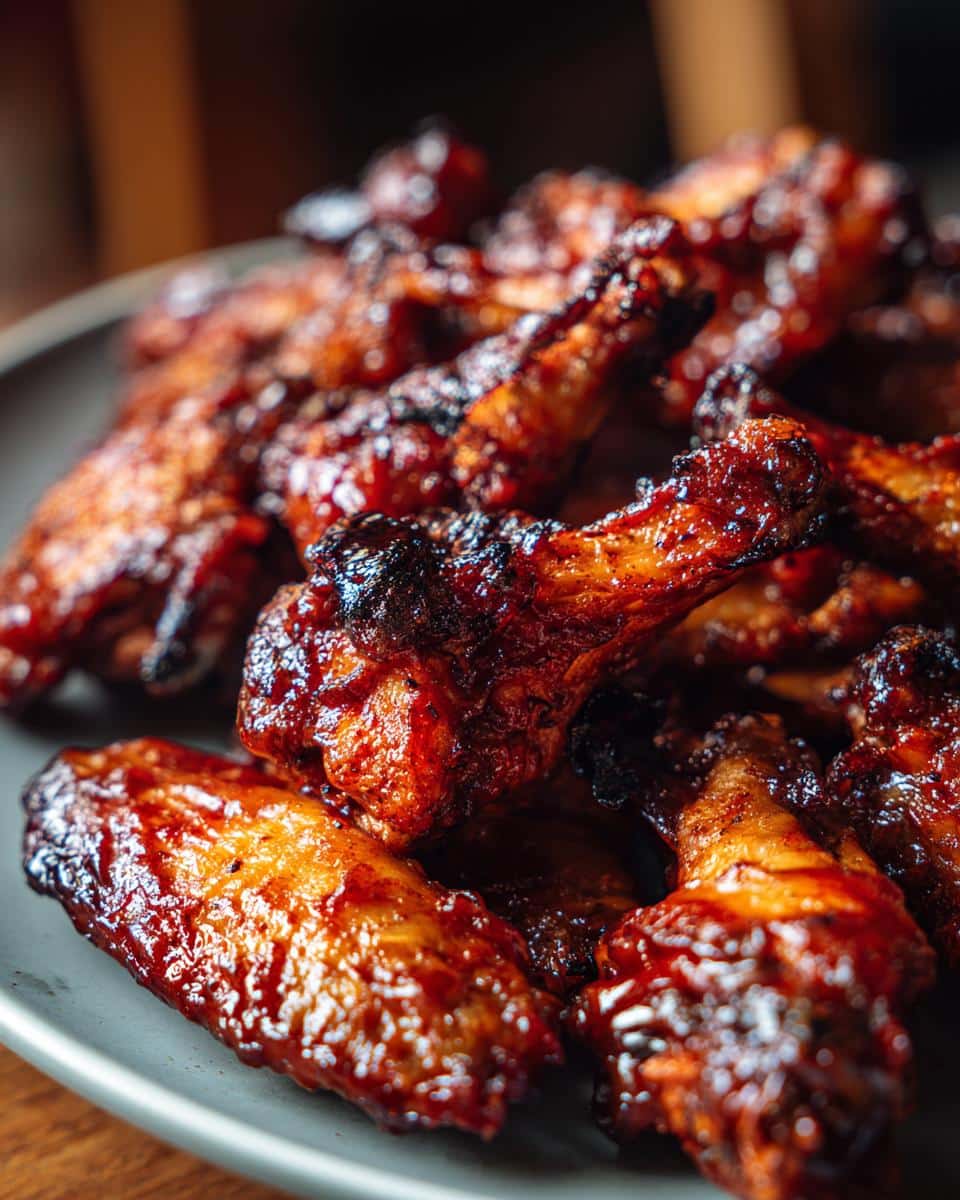 Close-up of glossy, caramelized air fryer chicken wings coated in BBQ sauce, ready to eat.