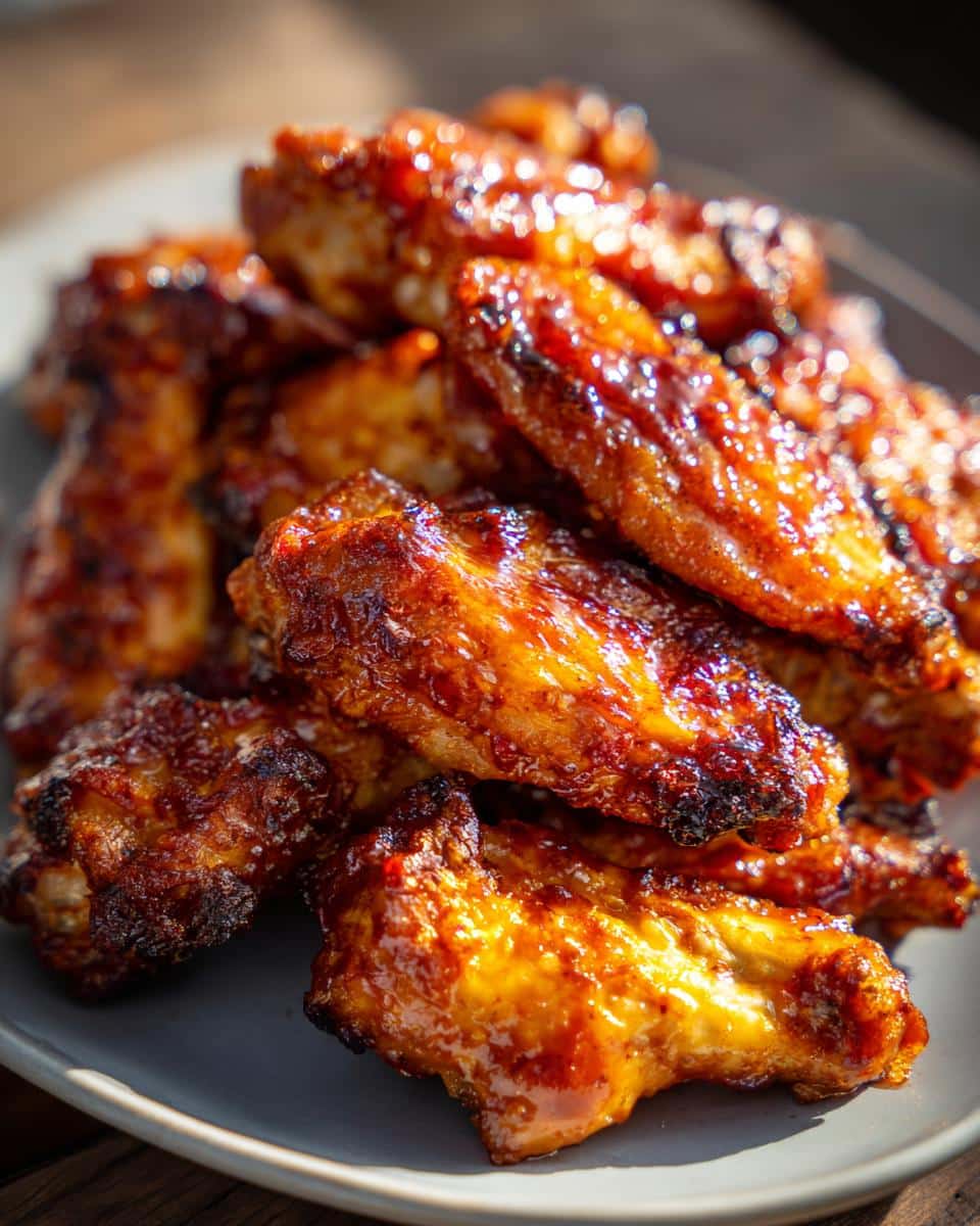 Close-up of a pile of glossy, golden-brown air fryer chicken wings coated in BBQ sauce.