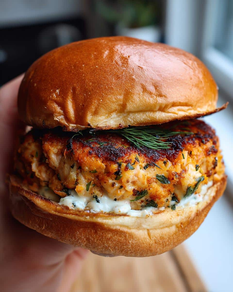 A close-up of a delicious air fryer salmon burger on a brioche bun, topped with fresh dill.