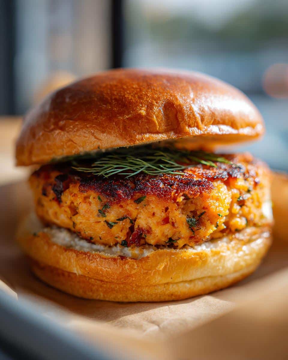 Close-up of a perfectly cooked air fryer salmon burger on a toasted bun, topped with fresh dill.