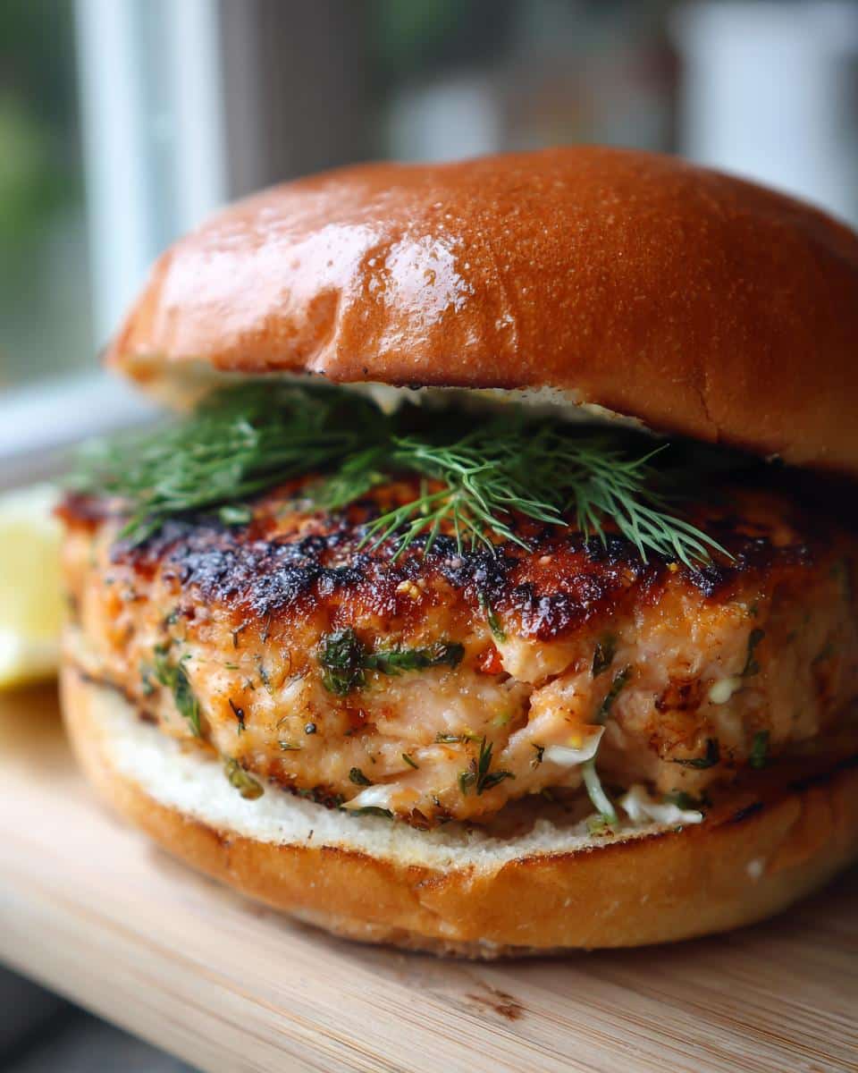 Close-up of a juicy air fryer salmon burger on a bun, topped with fresh dill and a slice of lemon.