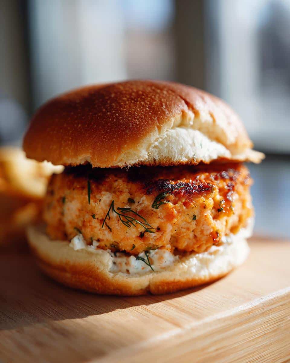 Close-up of a delicious air fryer salmon burger on a bun with dill sauce and fresh dill.