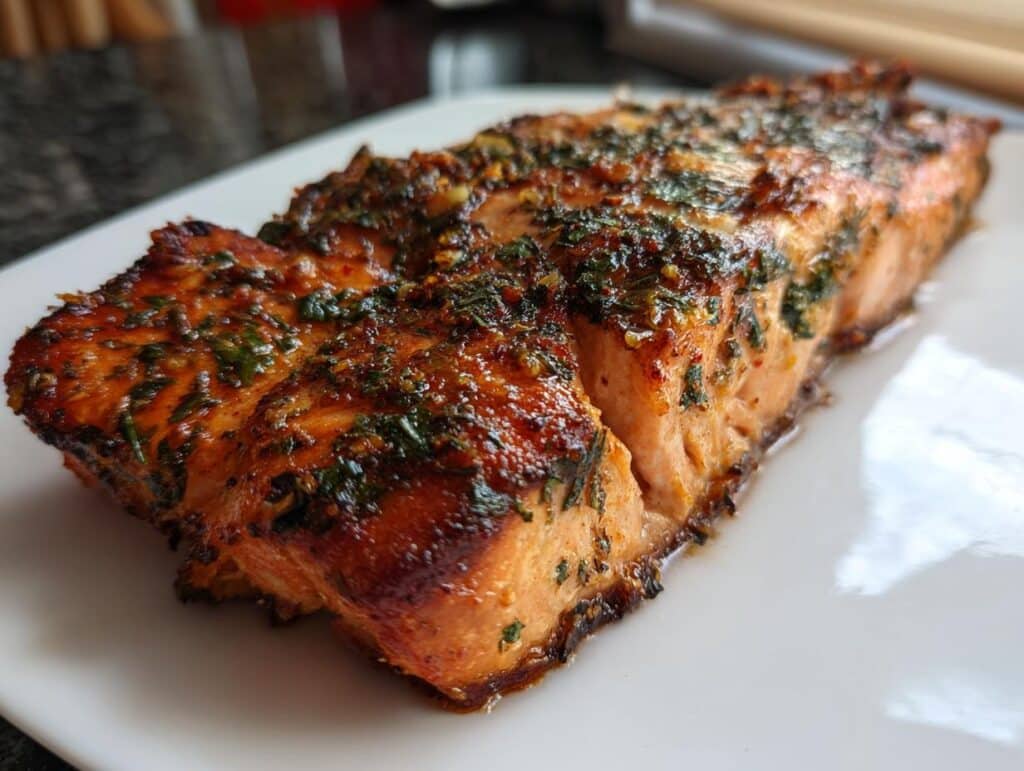 Close-up of a perfectly cooked air fryer salmon fillet with a zesty marinade and herbs.