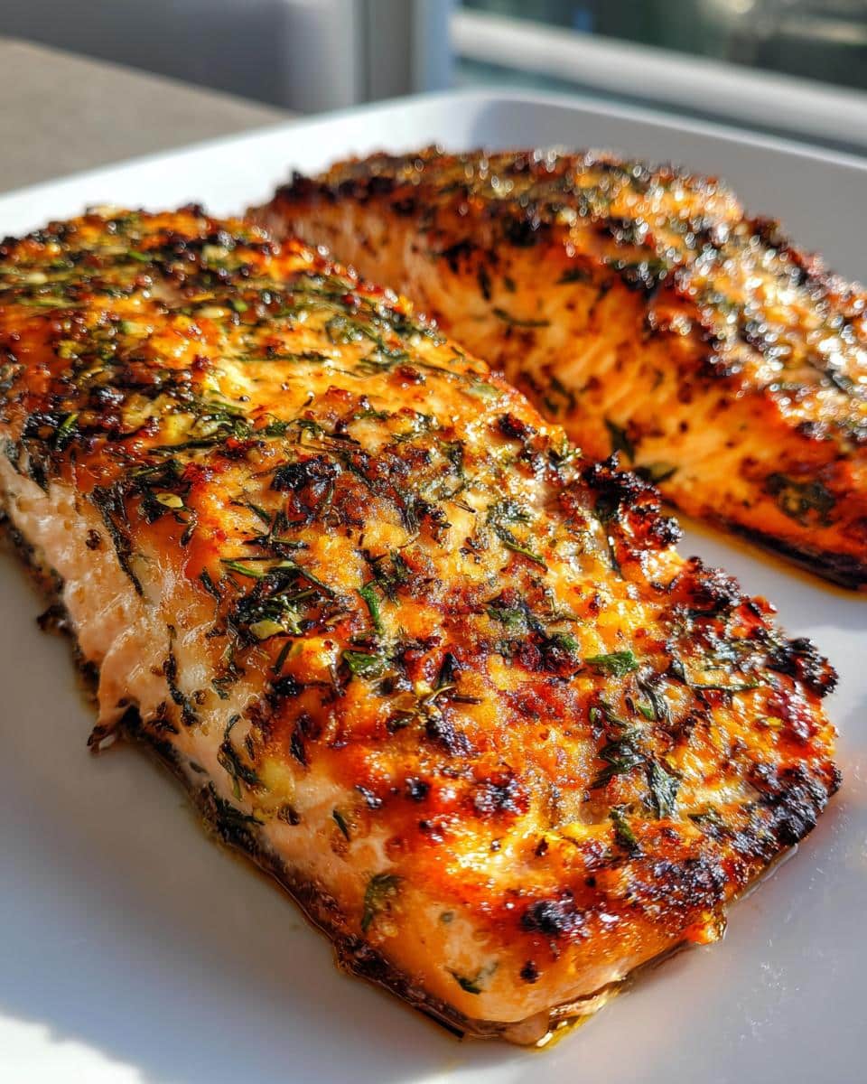 Close-up of two pieces of zesty air fryer salmon with herbs and spices, ready to eat.