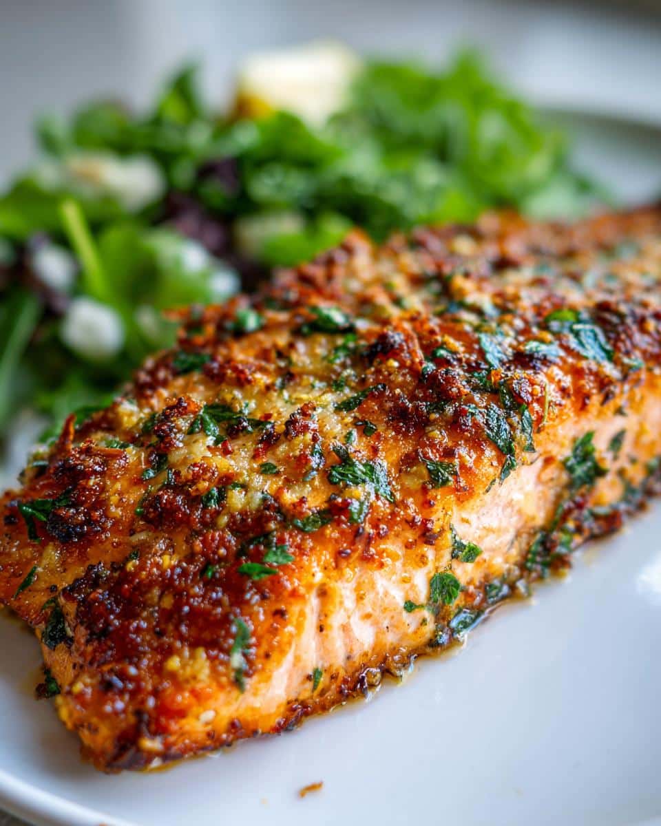 Close-up of a zesty air fryer salmon fillet with herbs, served with a side salad.