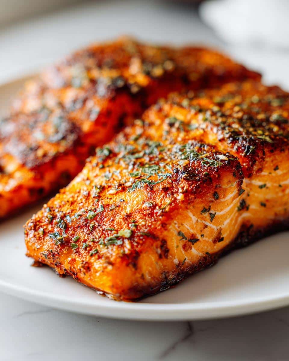 Close-up of perfectly cooked air fryer salmon fillets with a zesty marinade and herbs.