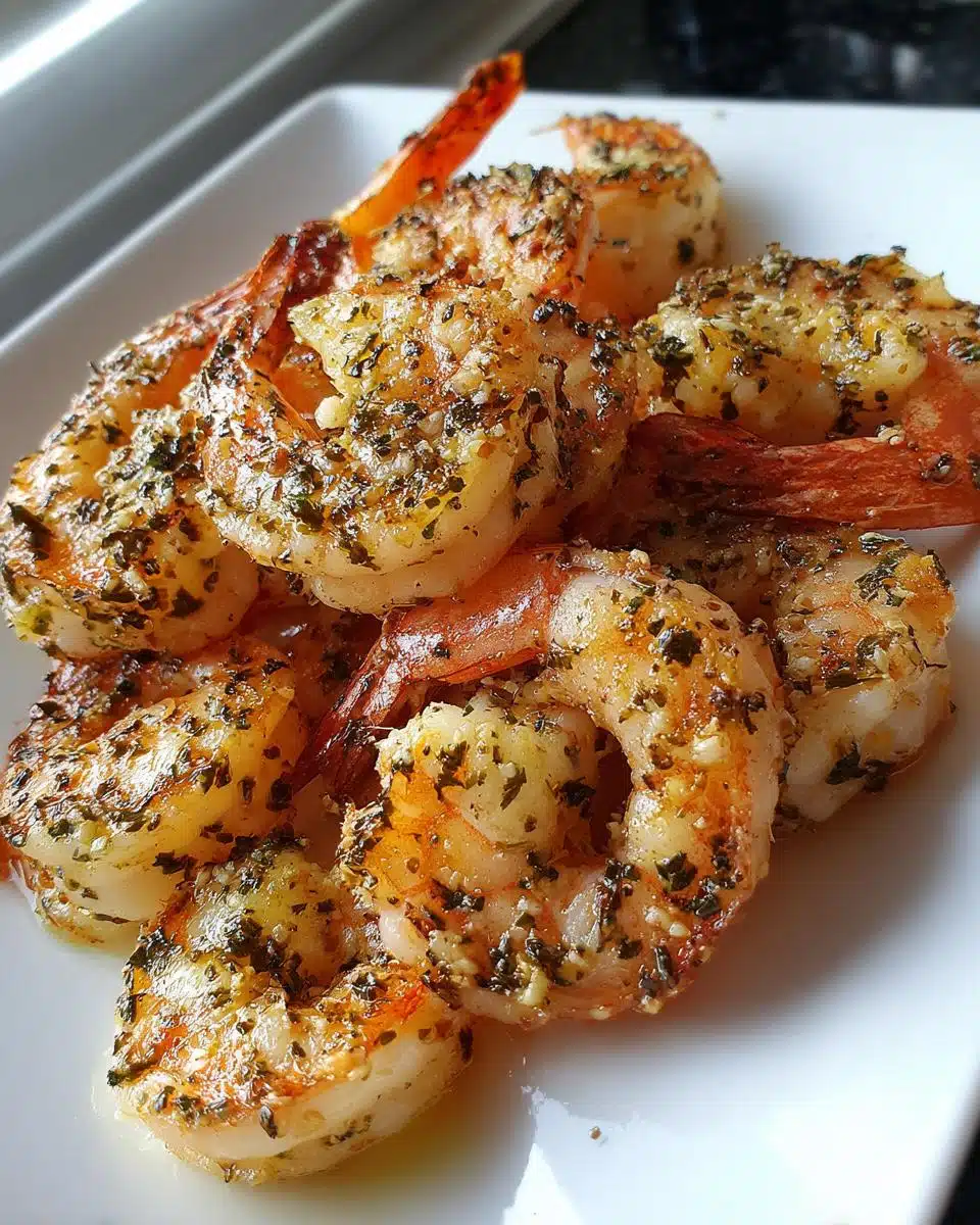 Close-up of seasoned air fryer shrimp with herbs and garlic on a white plate.