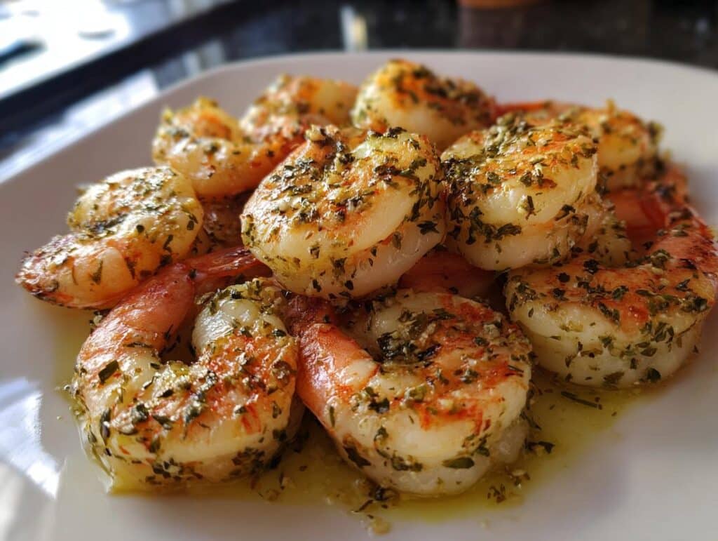 A close-up of perfectly cooked air fryer shrimp, seasoned with herbs and garlic, glistening in a light sauce.