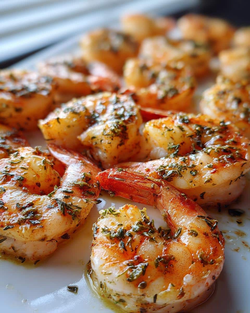 Close-up of perfectly cooked, seasoned air fryer shrimp with herbs and spices.
