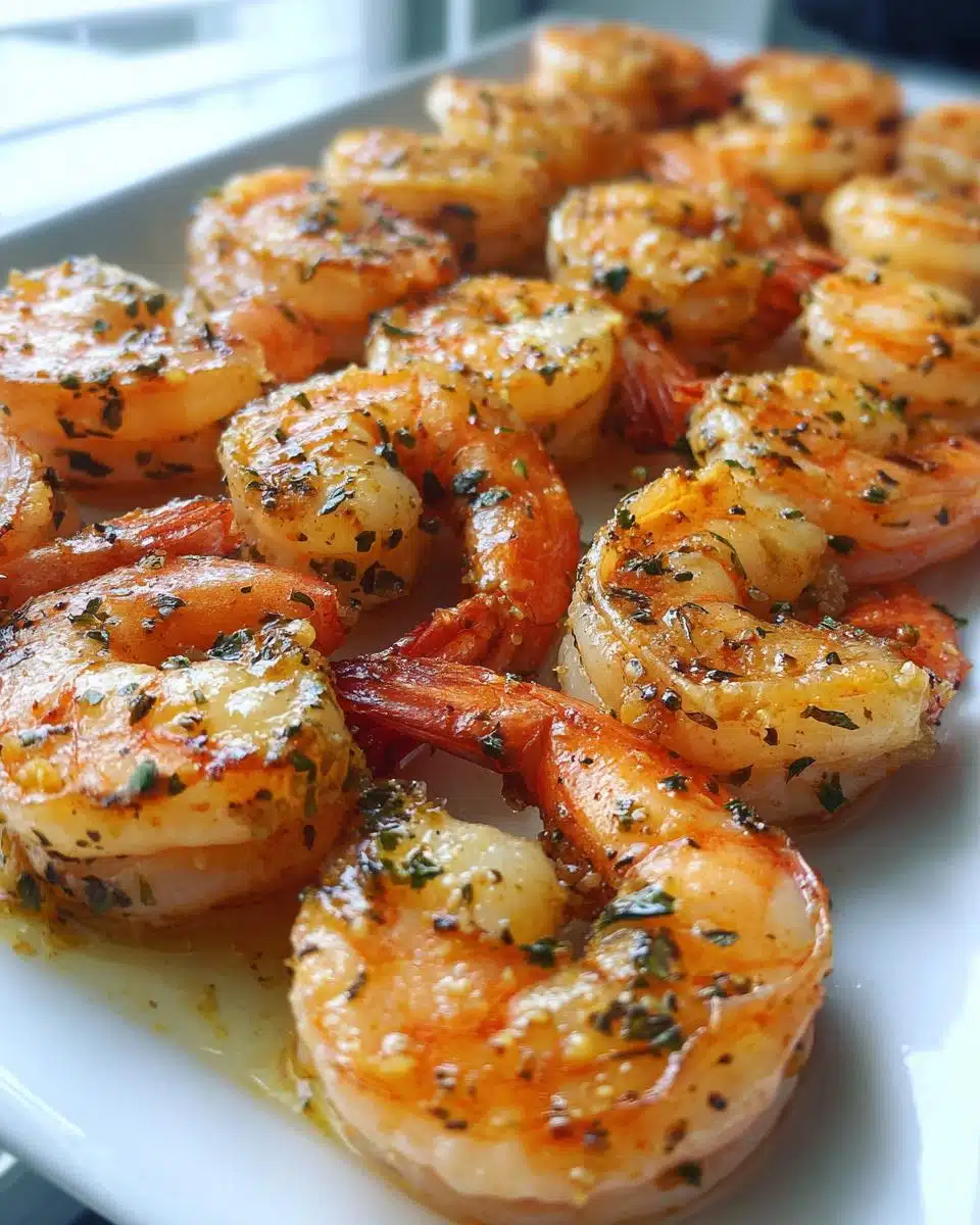 A close-up of a platter of perfectly cooked air fryer shrimp, seasoned with herbs.