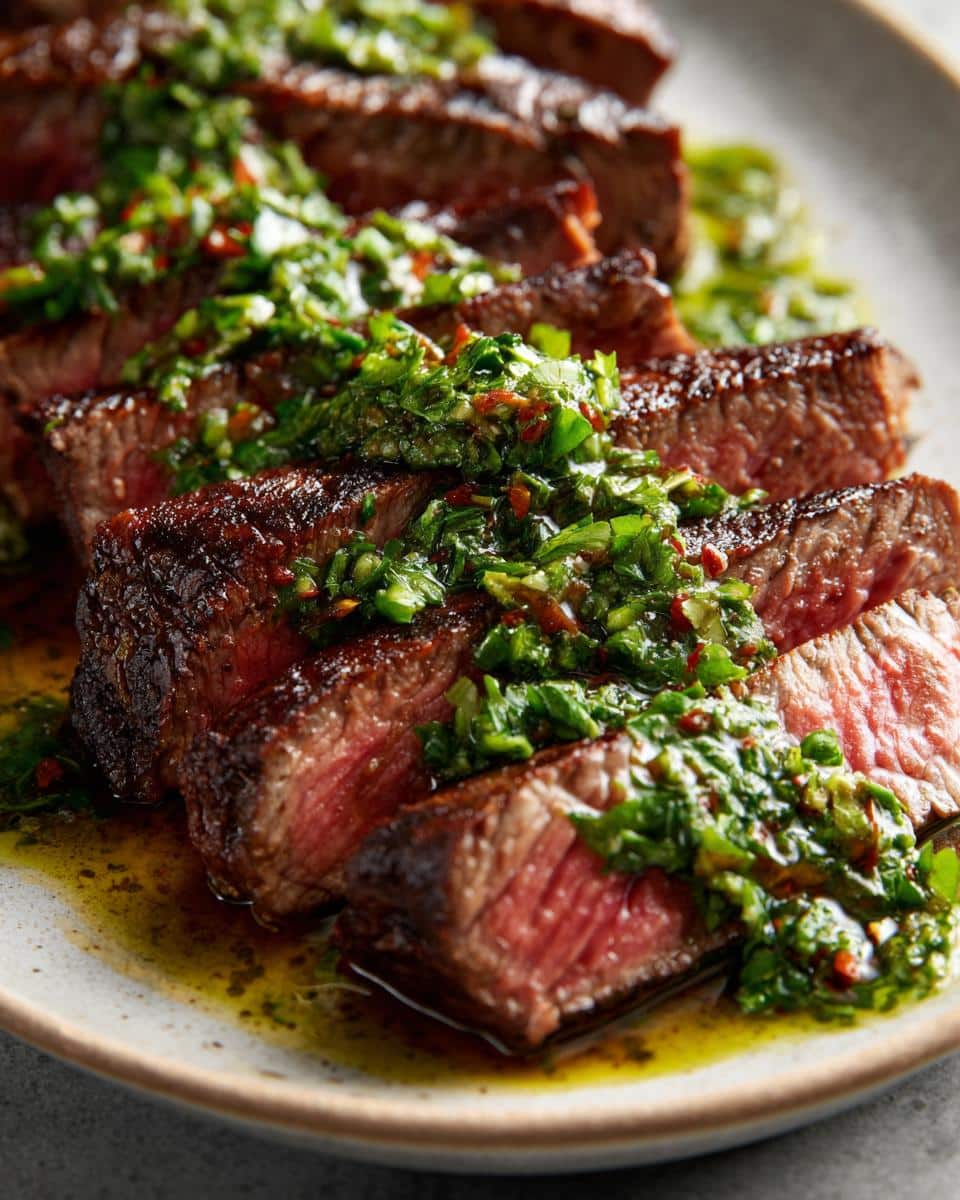 Close-up of sliced air fryer steak topped with vibrant chimichurri sauce.