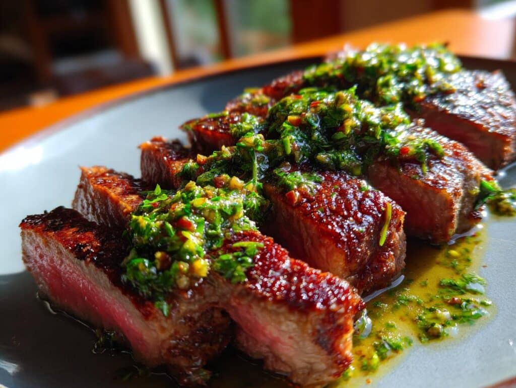 Close-up of sliced air fryer steak topped with vibrant green chimichurri sauce.