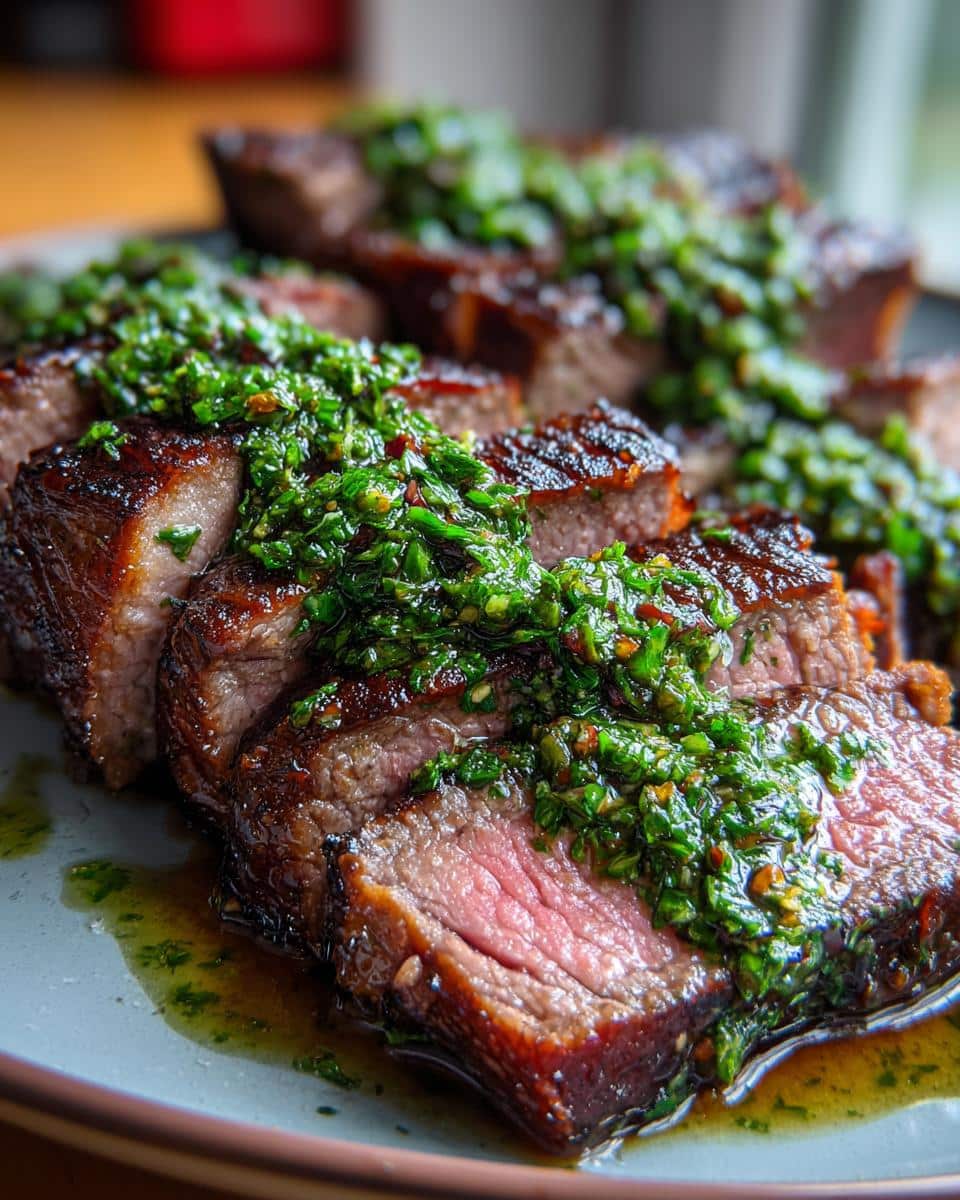 Close-up of sliced air fryer steak topped with vibrant green chimichurri sauce.