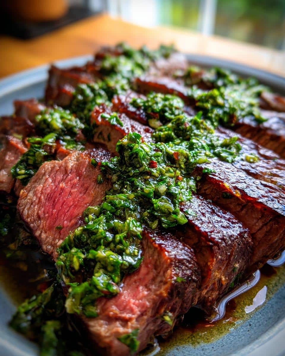Close-up of perfectly cooked air fryer steak, sliced and generously topped with vibrant green chimichurri sauce.