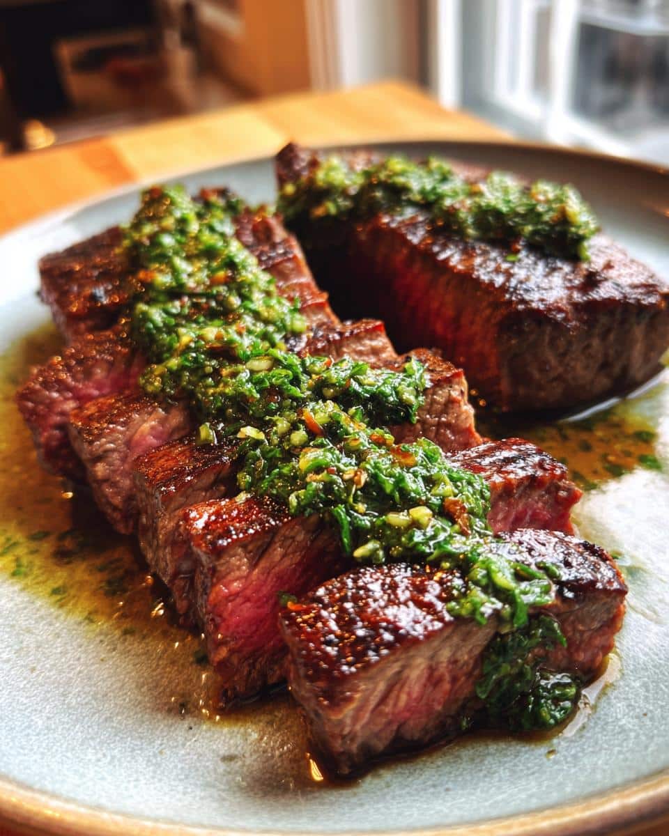 Close-up of sliced air fryer steak topped with vibrant chimichurri sauce.