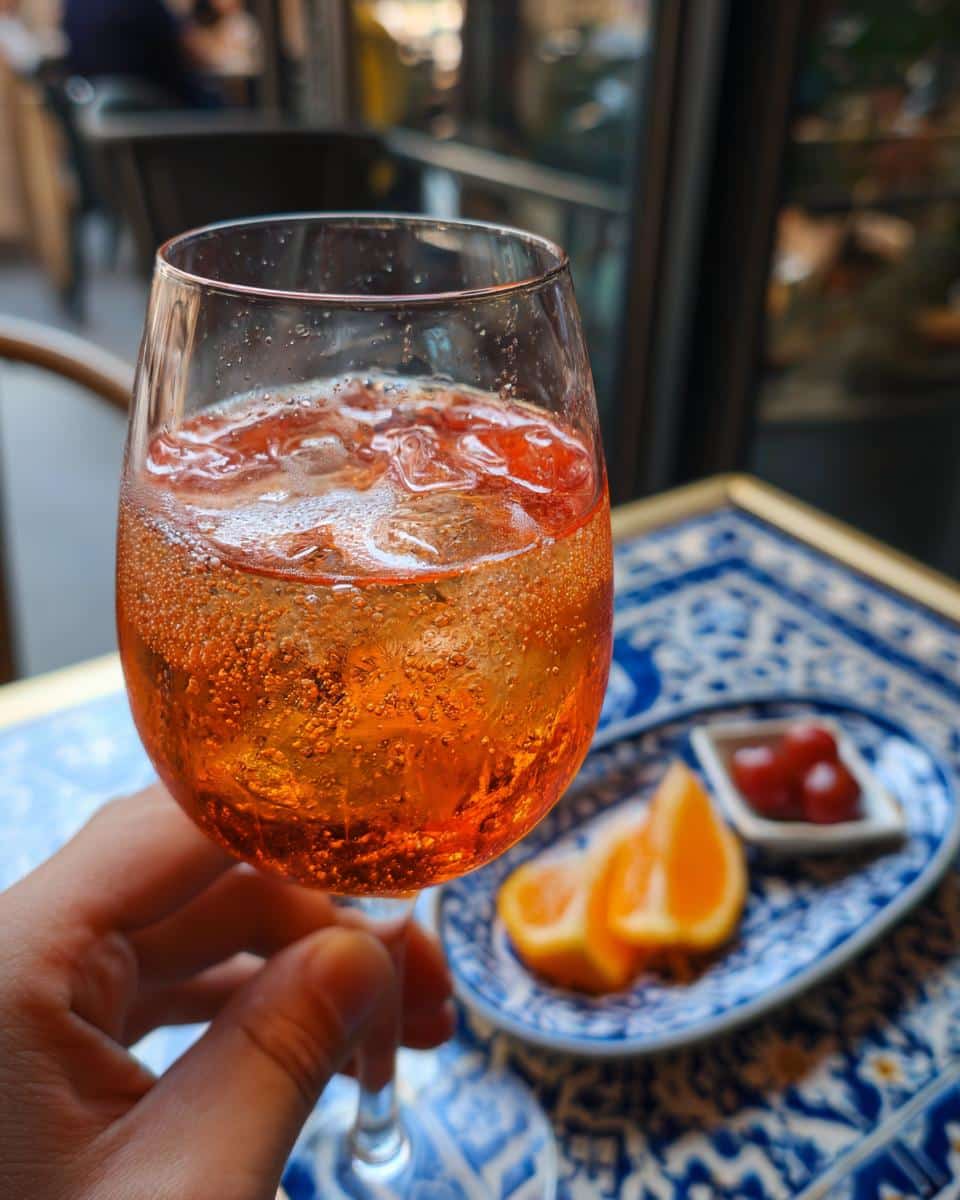 A hand holds a glass of Aperol Spritz with ice and orange slices, perfect for a Tinned Fish Date Night.