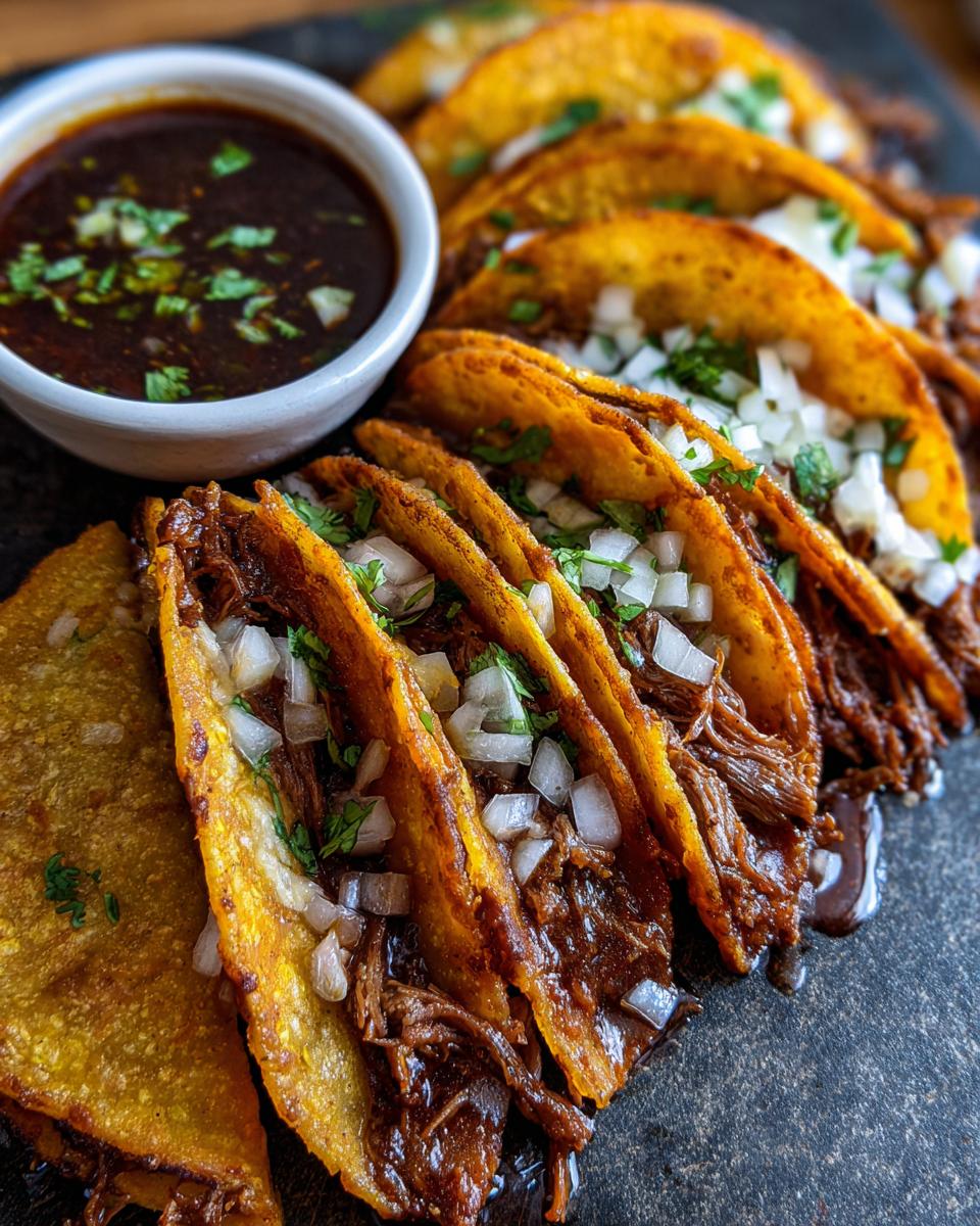 Close-up of authentic Birria Tacos filled with shredded beef, topped with diced onions and cilantro, served with a side of consommé.