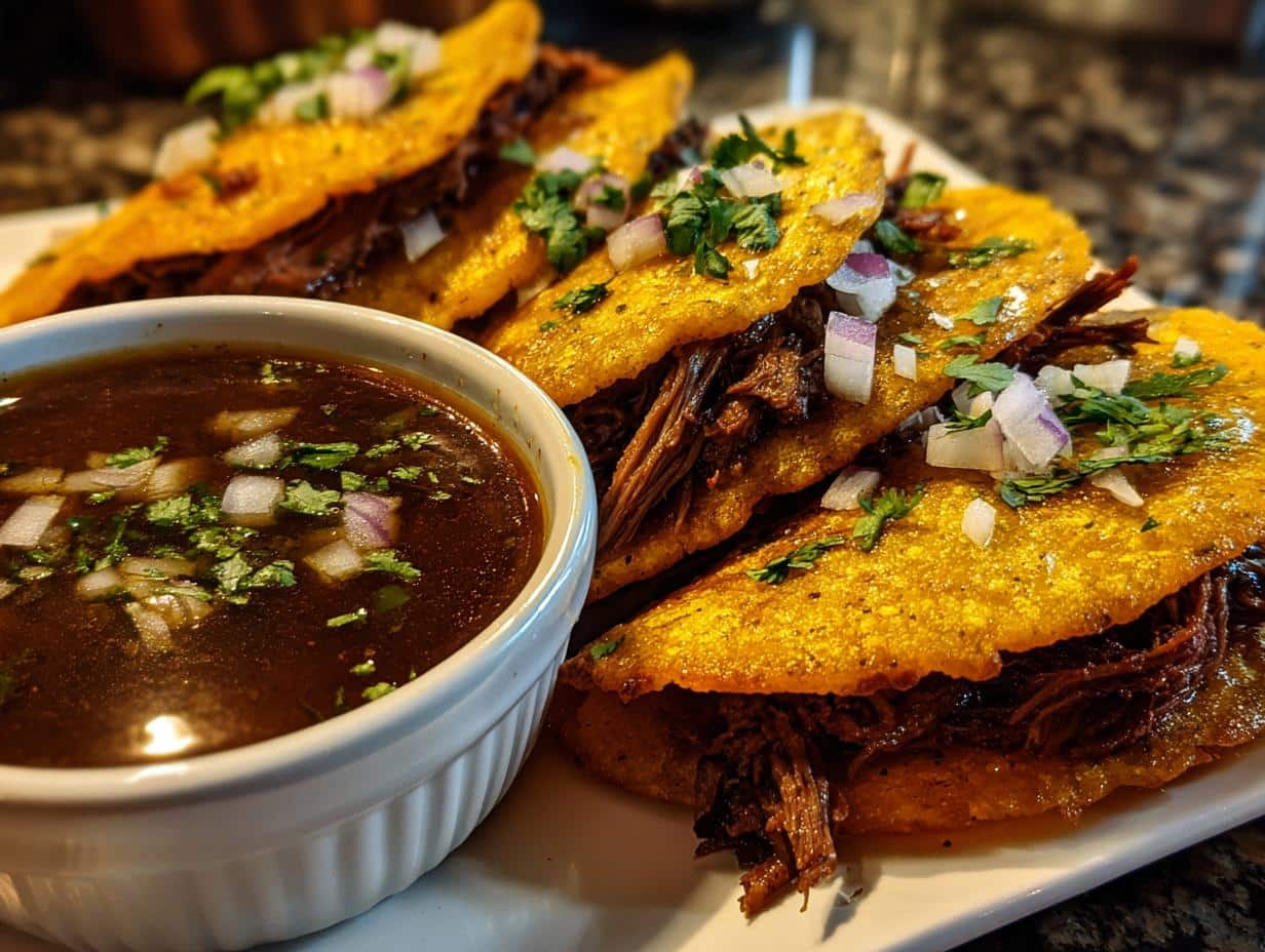 A plate of golden-fried Birria Tacos filled with shredded meat, topped with onions and cilantro, served with a side of consommé.