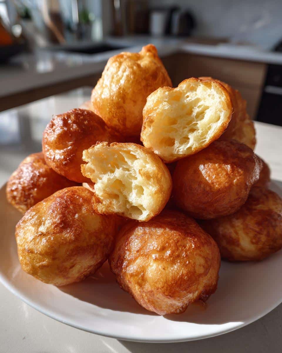 A pile of golden-brown Uštipci, a traditional Balkan breakfast pastry, with some broken open to reveal a fluffy interior.