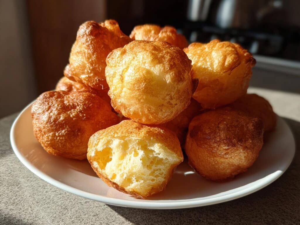 A pile of golden-brown, fluffy Uštipci, a traditional Balkan Breakfast, on a white plate.