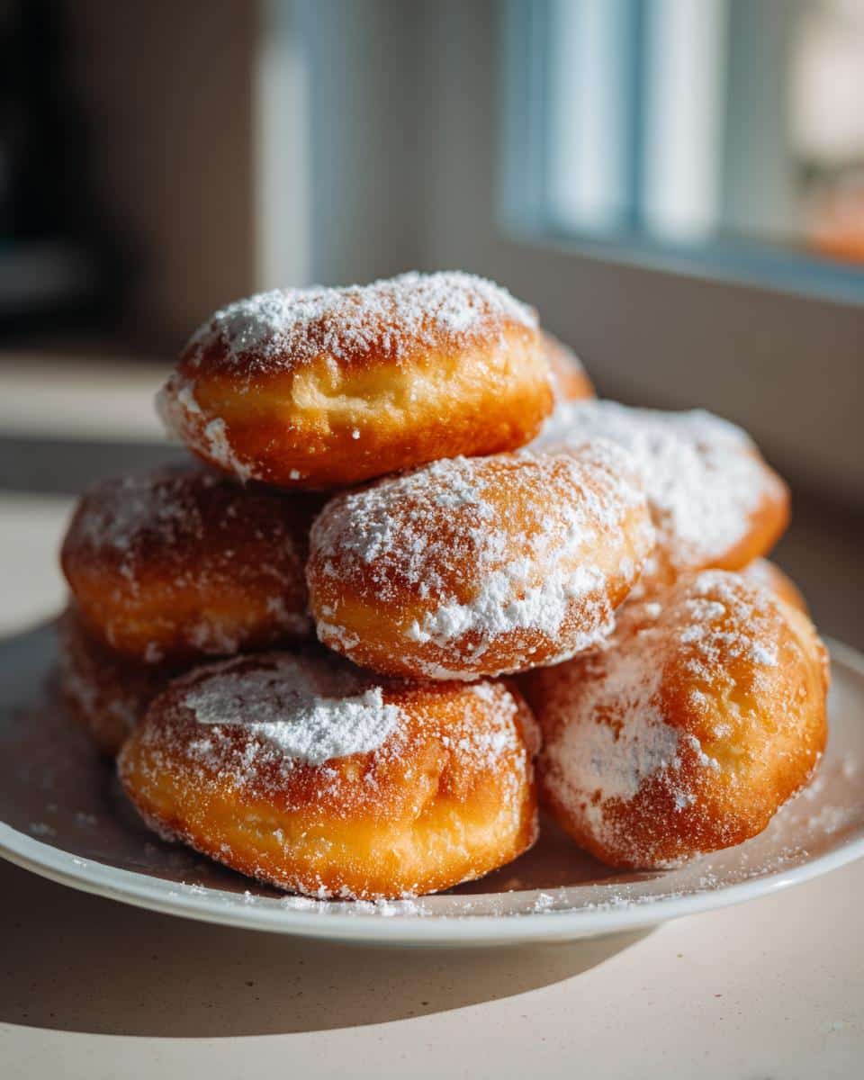 A pile of golden-brown, fluffy Uštipci dusted with powdered sugar, perfect for a Balkan Breakfast.
