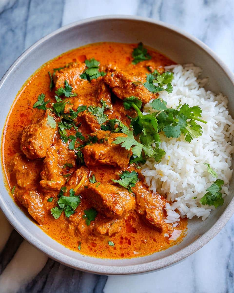 A bowl of delicious butter chicken served with fluffy white rice and garnished with fresh cilantro. This is the best butter chicken instant pot recipe.