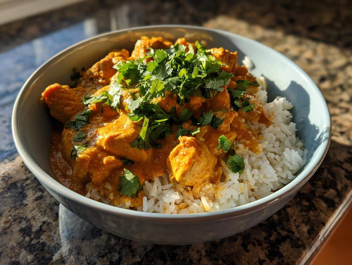 A bowl of creamy butter chicken served over white rice, garnished with fresh cilantro. Best butter chicken instant pot.