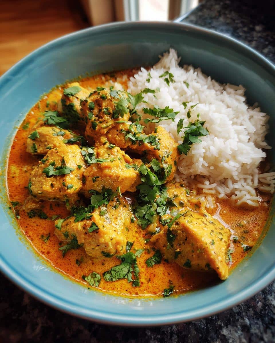 A close-up of the best butter chicken instant pot recipe, served with fluffy white rice and garnished with fresh cilantro.