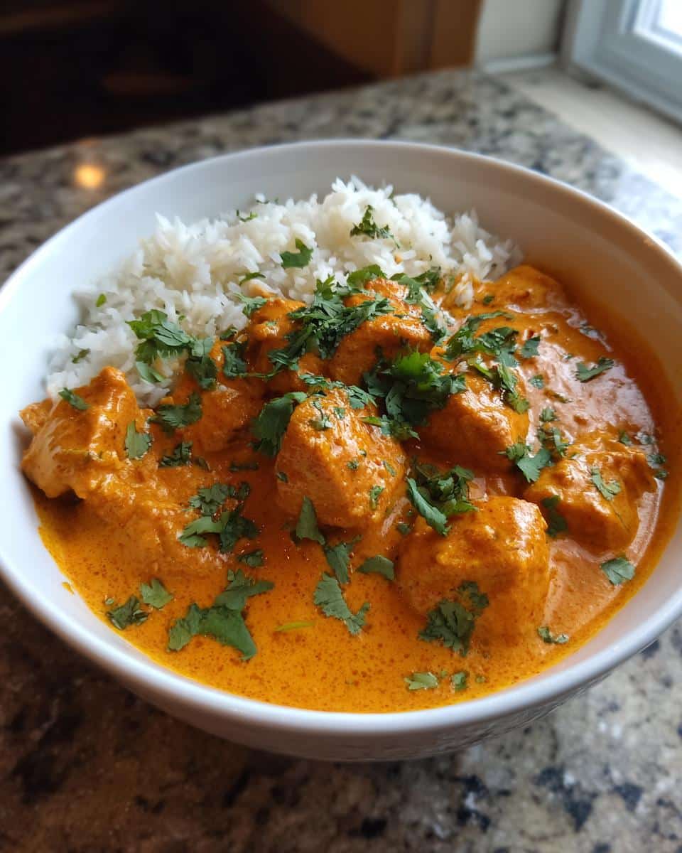 A bowl of creamy butter chicken served with fluffy white rice and garnished with fresh cilantro.