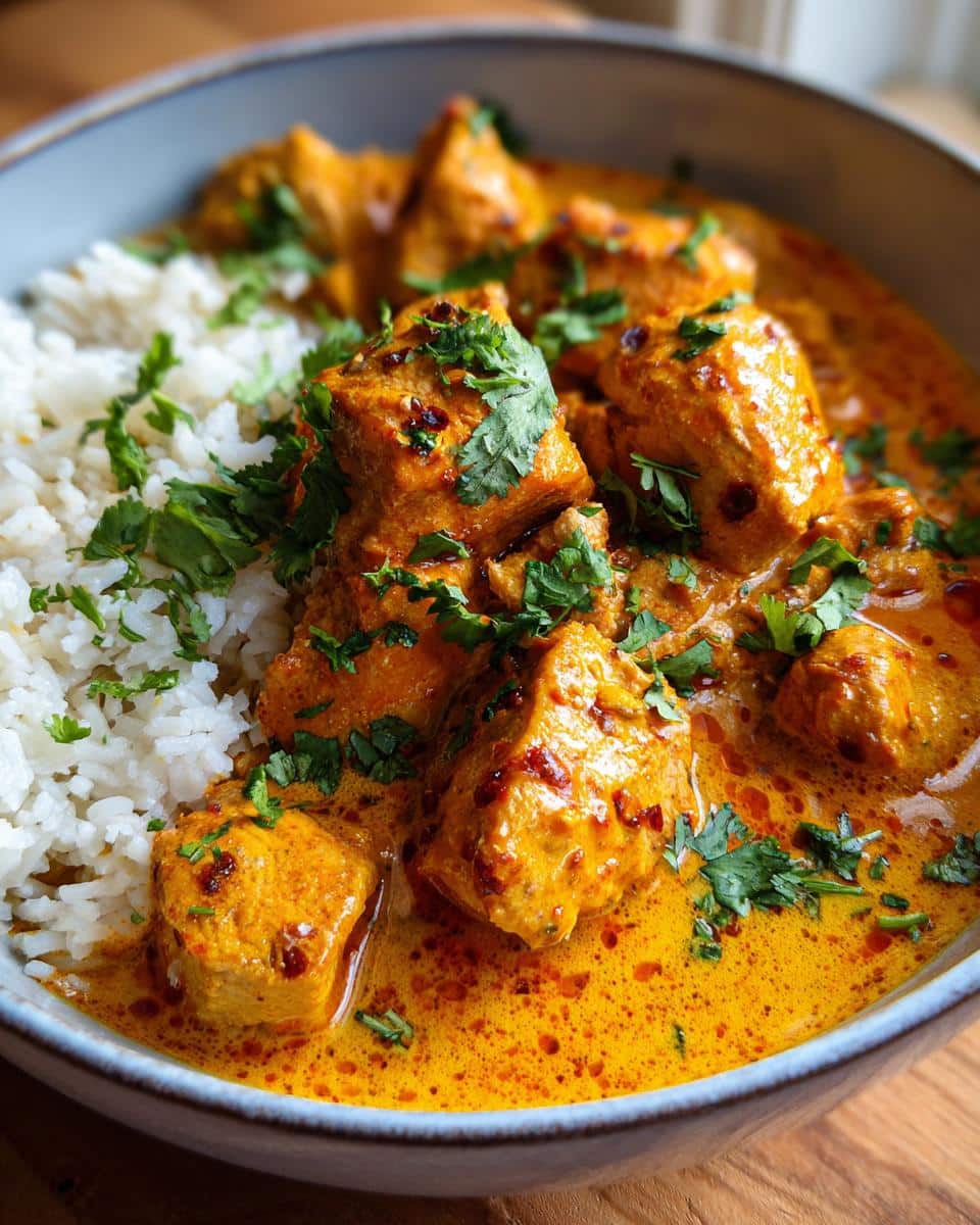 A close-up of the best butter chicken instant pot recipe, featuring tender chicken pieces in a creamy orange sauce served with fluffy white rice and fresh cilantro.