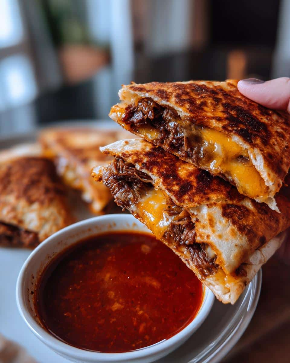 A hand holds up a stack of cheesy birria tacos over a bowl of rich birria consome.