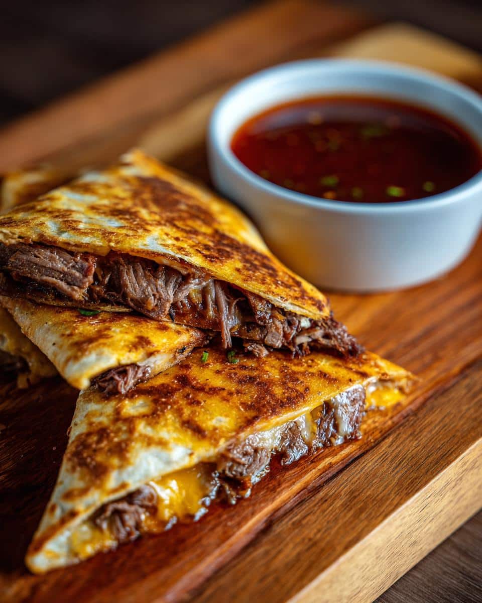 Close-up of cheesy birria tacos consome, showcasing tender shredded beef and melted cheese, served with a side of rich birria broth.
