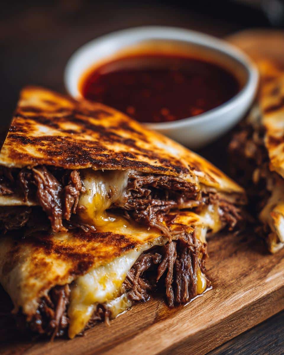 Close-up of cheesy birria tacos consome filled with tender shredded beef and melted cheese, served with a side of rich dipping sauce.
