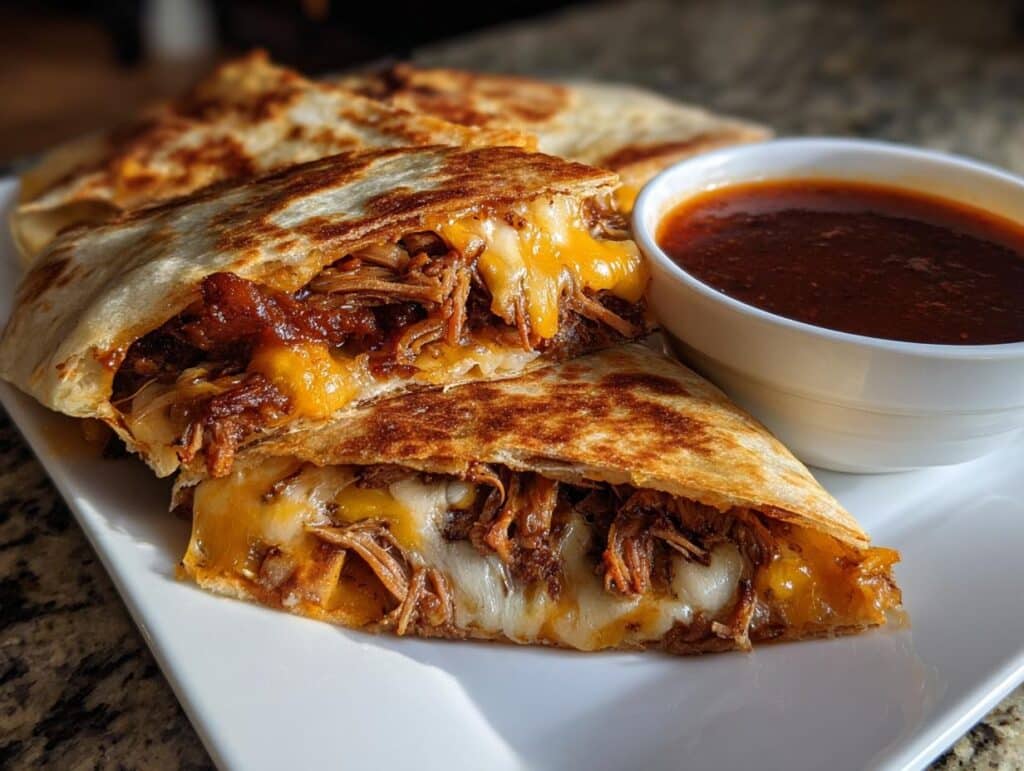 Close-up of cheesy birria tacos consome with shredded beef and a side of dipping sauce.