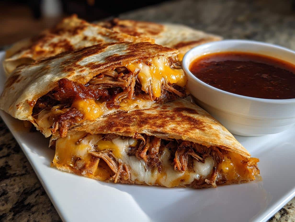 Close-up of cheesy birria tacos consome with shredded beef and a side of dipping sauce.