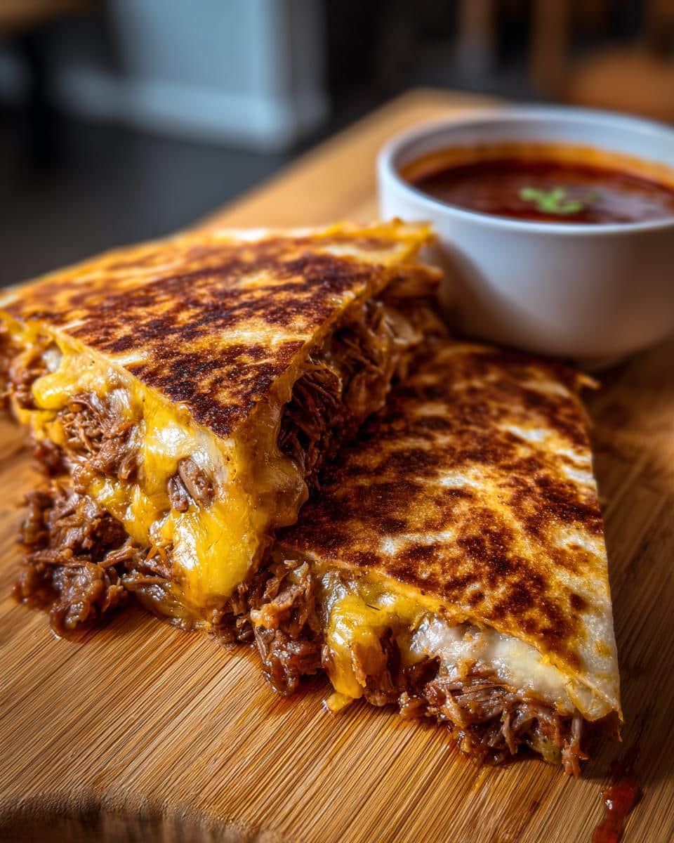 Close-up of cheesy birria tacos consome quesadilla cut in half, served with a side of dipping broth.