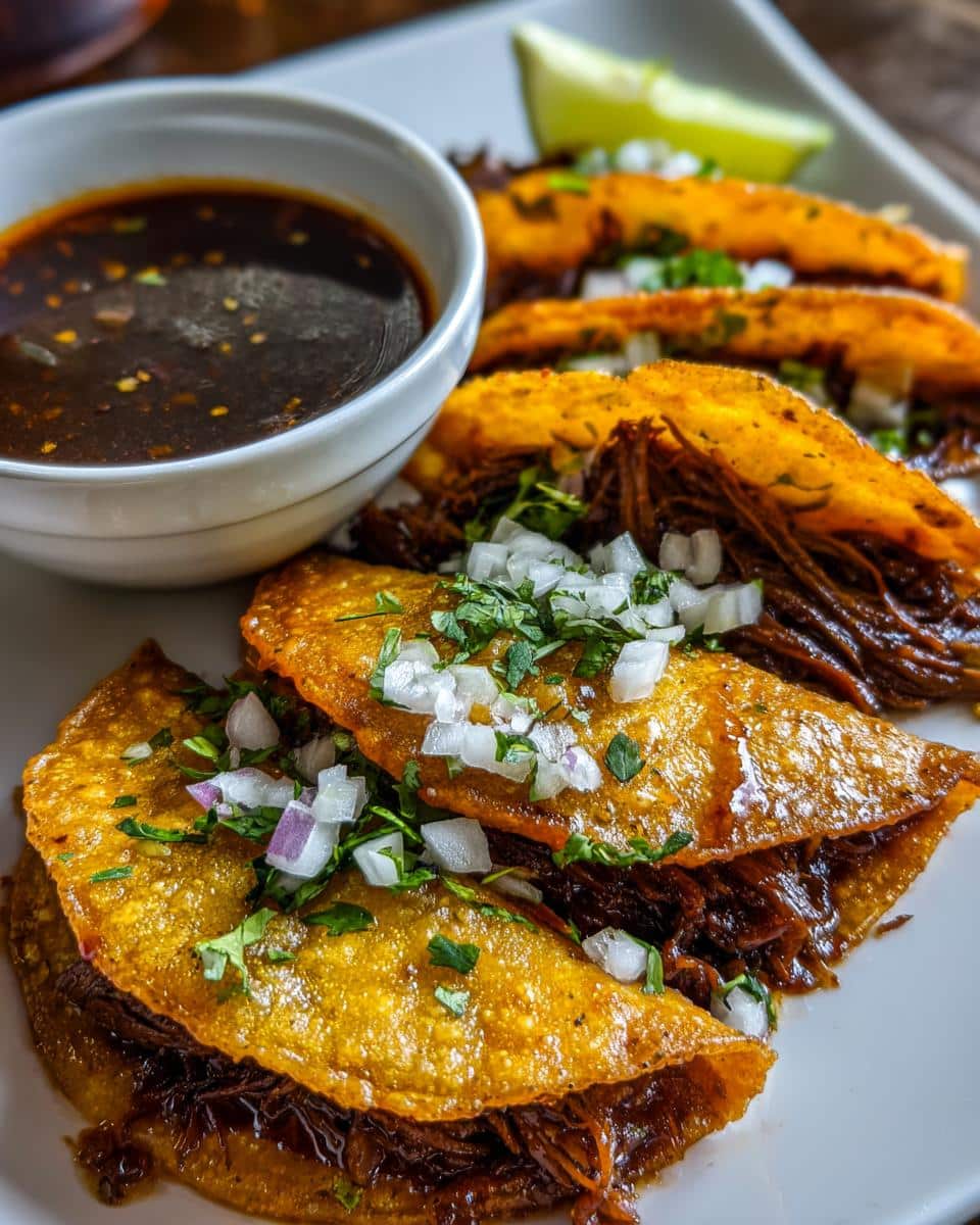 Close-up of authentic Birria Tacos topped with diced onions and cilantro, served with a side of consommé and lime wedge.