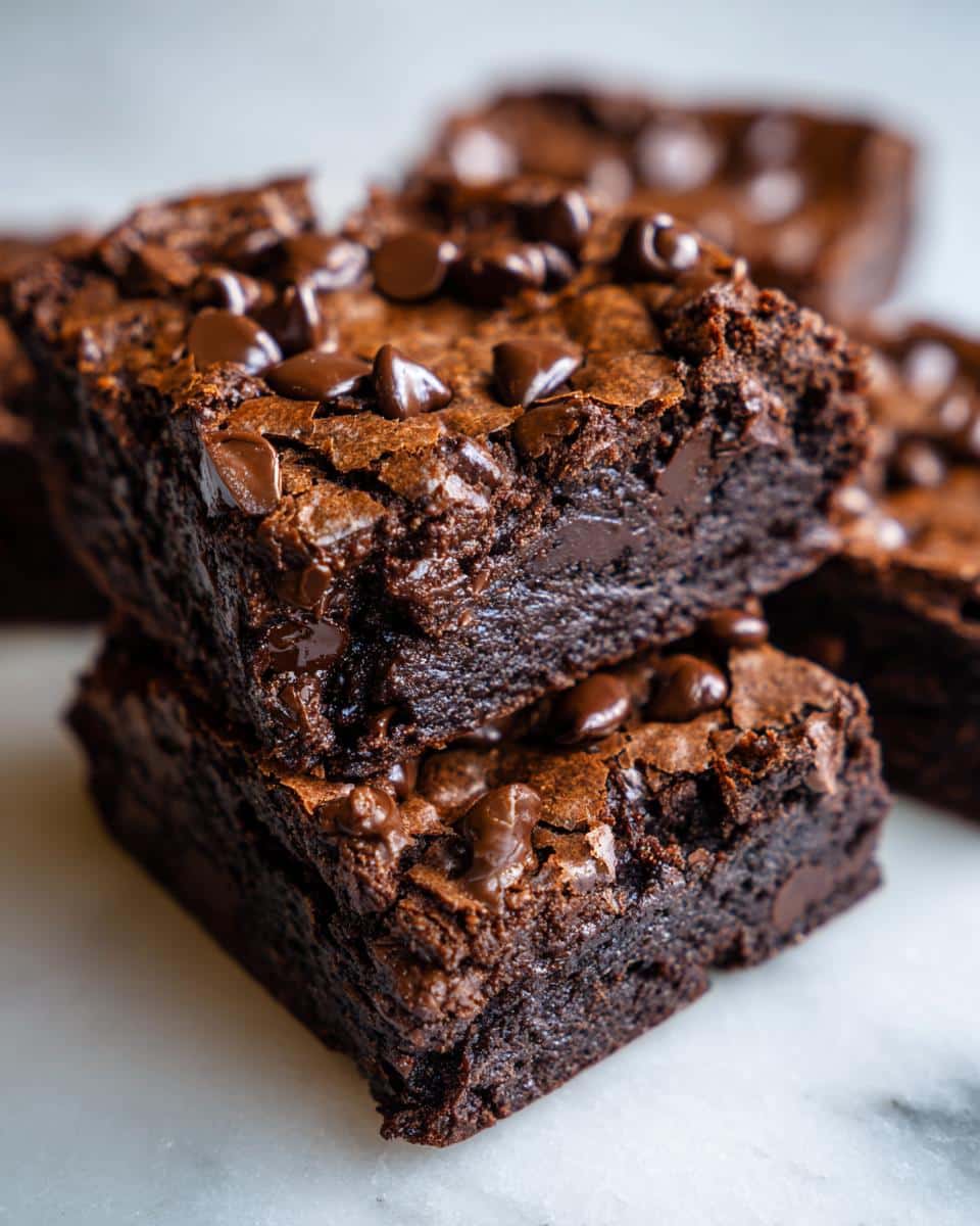 Close-up of stacked brownie cookie bars topped with melted chocolate chips, showcasing a rich, fudgy texture.
