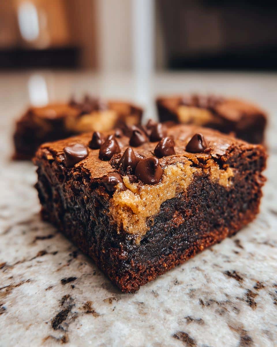 A close-up of a brownie cookie bar slice, showing the rich chocolate brownie base topped with cookie dough and chocolate chips.