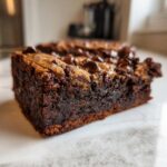 Close-up of a rich, fudgy brownie cookie bar with chocolate chips, showcasing its two layers.